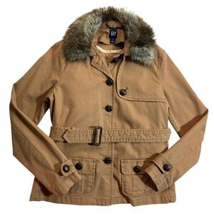 Vintage GAP Coat Jacket Utility Faux Fur Collar Liner Belted Medium Brown Y2K